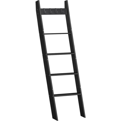 HOOBRO Blanket Ladder for Living Room and Bedroom, 5-Tier Wall Leaning Towel Rack for Bathroom, Decorative Ladder Shelf with 4 Removable Hooks, Farmhouse Blanket Storage, Black BB51CJ01G1