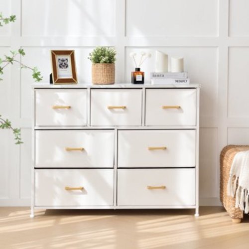 Bigroof 7 Drawer Fabric Dresser Accent White Dresser for Bedroom Chest Storage Organizer with Marbled WoodBoard and Artificial Leather for Living Room, Hallway, Entryway, Closet