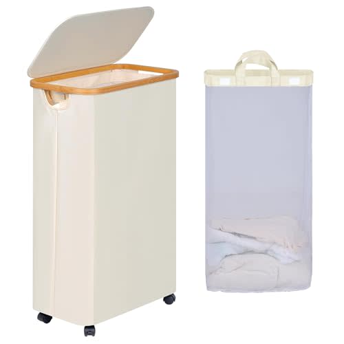 efluky Slim Laundry Basket with Wheels, Narrow Rolling Laundry Hamper with Lid and Removable Bag, Aesthetic Dirty Clothes Hamper on Wheels for Laundry Room, Bedroom, Dorm and Bathroom, 75L Beige