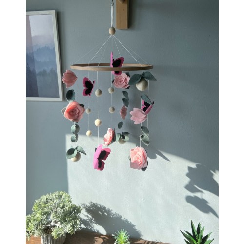 Flowers baby mobile, Butterfly crib mobile, green floral baby mobile, hanging felt mobile, cot mobile for baby girl, flowers nursery decor