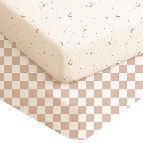Konssy Muslin Crib Sheets, Soft Cotton Neutral Baby Sheets for Standard Crib Mattress 2 Pack, 52"x28" (Coffee Check,Moon)