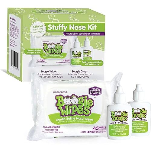 Boogie Stuffy Nose Relief Kit Wipes, FSA/HSA Eligible, Baby Wipes Unscented Wipes 45 Count (Pack of 1), Baby Nasal Saline Drops Drops 2 Bottles Total (Pack of 1)…