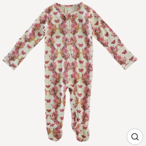 long sleeve two way zipper footie | pink floral butterfly | organic cotton interlock