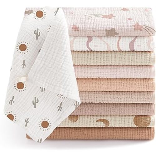 Bearmoss Muslin Baby Washcloths 100% Cotton Bath Wash Cloth Large Burp Cloth Baby Face Towel for Newborn Baby Boy Girl, 10x10inch 10Pack (PinkStar)
