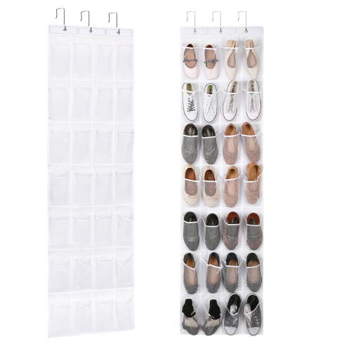 LUIISIS 28 Large Pockets Over The Door Shoe Organizer, Hanging Shoe Organizer for Closet, Premium Clear Shoe Rack for Door, Shoes Hanger Organizers Storage Holder for Back of Door and 3 Metal Hook