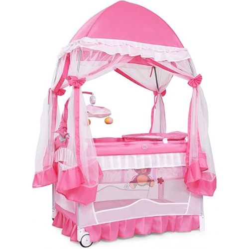 BABY JOY 4 in 1 Pack and Play with Canopy, Portable Baby Playard with Bassinet, Double-Layer Baby Crib, Wheels & Brake, Foldable Baby Girl Pink Bassinet from Newborn to Toddler
