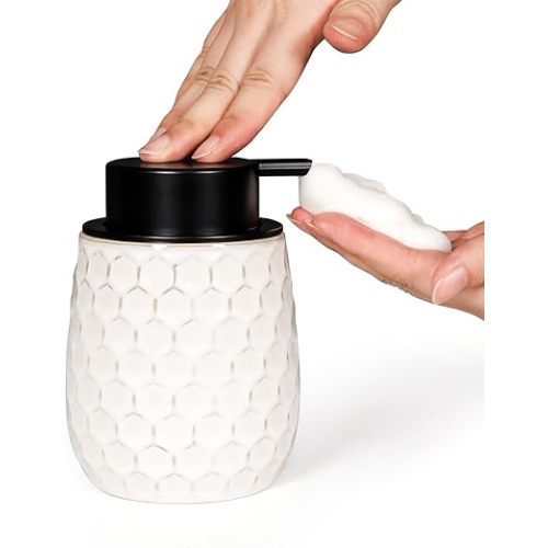Foaming Soap Dispenser, Ceramic Dish Soap Dispenser 13OZ, White Honeycomb Design Hand Soap Dispenser for Kitchen Bathroom, Refillable Foam Shower Soap Dispenser, ANTIS'S HOME