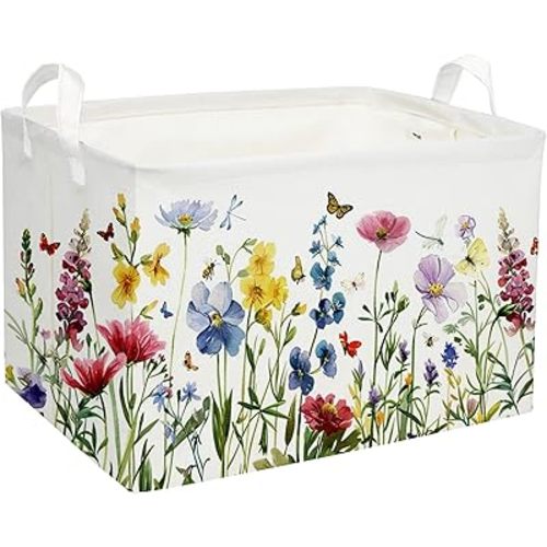 Rectangular Kids Baskets,Flower Basket.Cute Bins for Girls, Butterfly Basket with Handles.Books Basket,Gifts Bin. (Flower cluster)