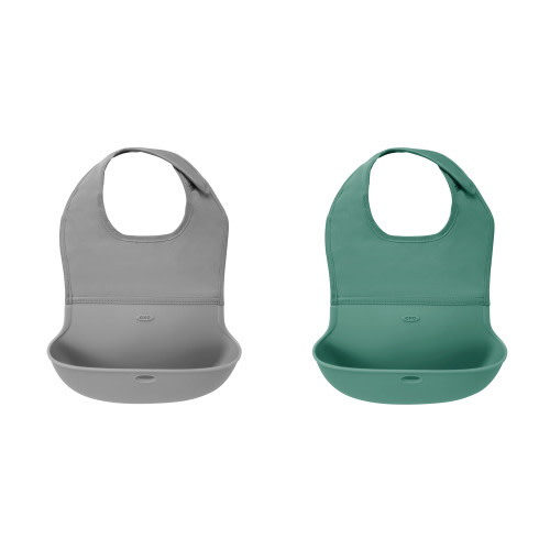 OXO Tot Silicone Roll-Up Feeding Baby Bib, Sage and Gray, 2pk, Unisex