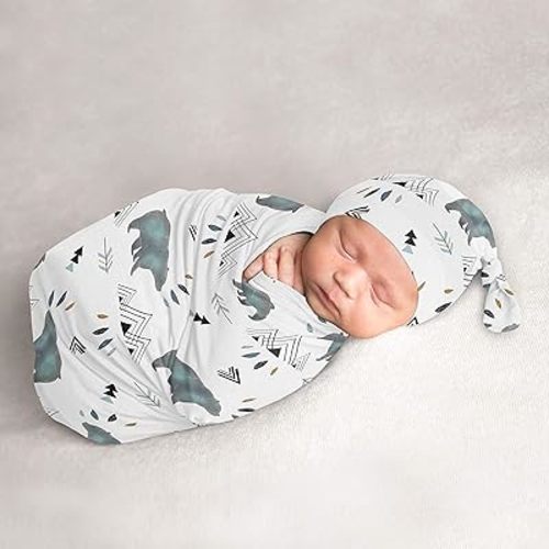 Sweet Jojo Designs Bear Mountain Baby Boy Cocoon and Beanie Hat 2pc Set Jersey Stretch Knit Sleeping Bag for Infant Newborn Nursery Sleep Wrap Sack - Slate Blue and Black Woodland Forest Animal