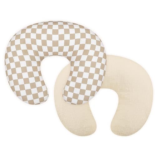 DILIMI Muslin Nursing Pillow Cover 2 Pack, Removable Nursing Cover for Breastfeeding Pillows, Ultra Soft Comfortable Slipcover for Baby Girl and Boy, Beige and Brown Checkered