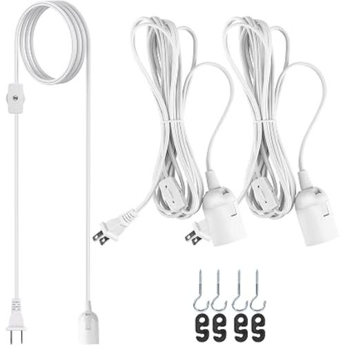 JACKYLED Extension Hanging Lantern Cord Cable UL 2-Pack 12Ft 360W with E26 E27 Socket Gear Switch + Hooks + 2-Prong US AC Power Plugs, Extra Lighting for Garage, Closet, Dark Corner, Plants