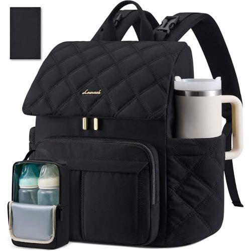 LOVEVOOK Diaper Bag Backpack With Pocket For Large Capacity Cup,Multi-Function Baby Travel Bag For Mom Dad,Waterproof Baby Bag for Boys Girls with Changing Pad,Insulated Bag,Stroller Straps,Black