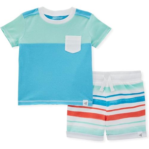 Burt's Bees Baby Baby Boys' Shirt and Pant Set, Top & Bottom Outfit Bundle, 100% Organic Cotton - 3 Months - Color Blocked
