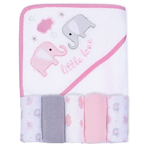 Viviland Baby Towels and Washcloths, Soft Absorbent Pink Baby Bath Towel Set, Elephant Hooded Towels with 5 Infant Face Washcloths (6 pieces)