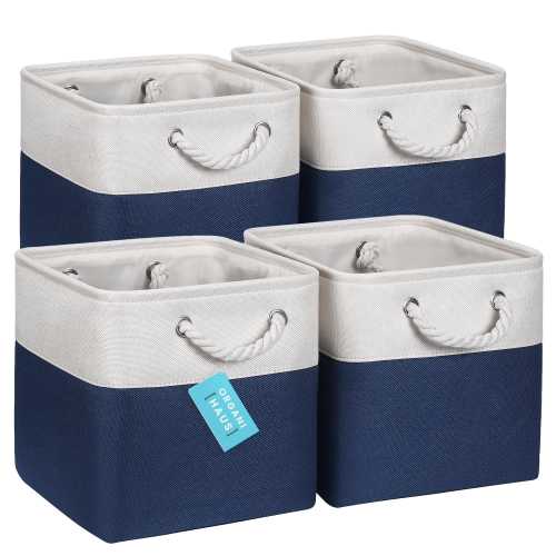 OrganiHaus Set of 4 Fabric Cubes Storage Baskets with Rope Handles 11x11 - Navy Blue Base / Off-White