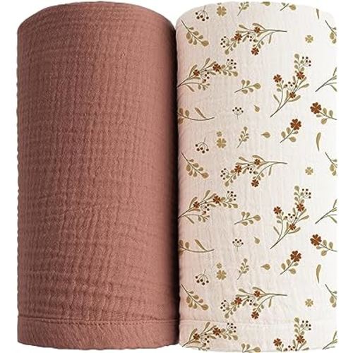 Konssy 2 Pack Muslin Swaddle Blankets for Baby Boys Girls, Receiving Blanket Large 47 x 47 inches, Soft Breathable Muslin Baby Blanket for Unisex Newborn(Chestnut, Floral)