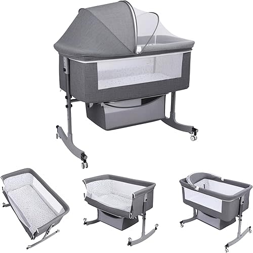 Bedside Bassinet Baby Crib, Baby Bassinets Bedside Sleeper with Large Curvature Cradle, Height Adjustable, Movable Bedside Crib with Mosquito Net and Wheels, Load-Bearing 22.04 Pounds 1 Set