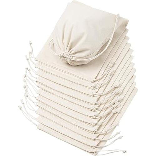 DR 100 Percent Cotton Muslin Drawstring Bags 12-Pack For Storage Pantry Gifts - Unbleached (7 x 9 inch, Beige)