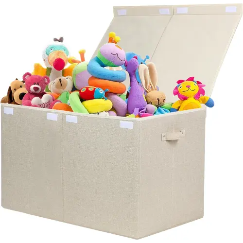 popoly 122L Large Toy Box Chest with Lid, Foldable Toy Storage Organizer Bin Boxes with Removable Divider for Kids, Boys, Girls, Nursery, Playroom, 26"x17" x17" (Linen Beige)