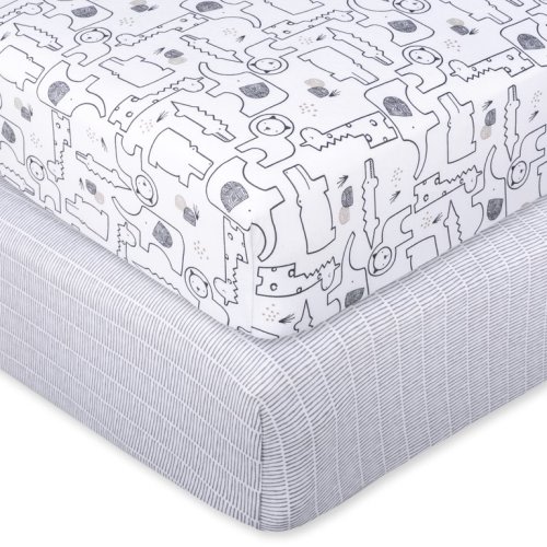 Little Star Organic Cotton Fitted Sheets, Crib, 2-Pieces, Gray, Zoo Crew