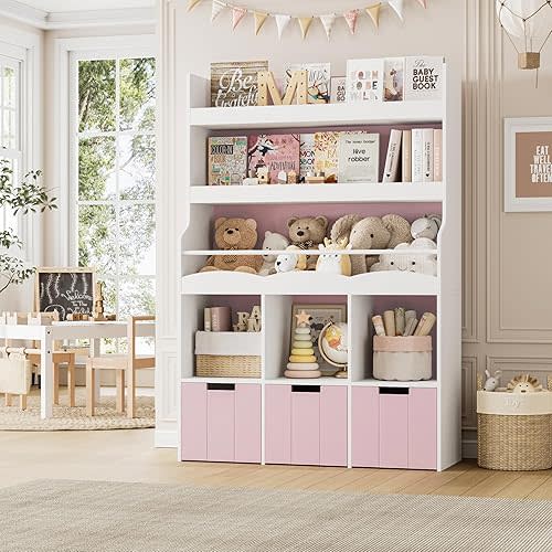 HITHOS 55.3"H Kids Bookshelf with Toy Storage Organizer, Tall Book Shelf with 3 Mobile Toy Storage Bins, Large Kids Bookcase with Toy Chest, 39.2"W Modern Toy Box for Kids Room, Playroom, Pink, White