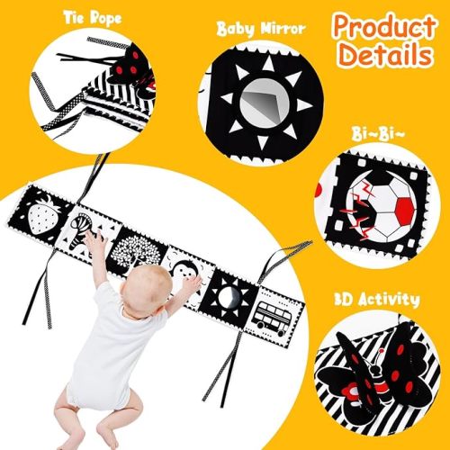 4 PCS Black and White High Contrast Baby Toys 0-3-6 Months Newborn Essential Montessori Toys for Babies Crinkle Sensory Book for Brain Development Tummy Time Mirror Infant Carseat Rattle 9 Month Gift - High Contrast Books