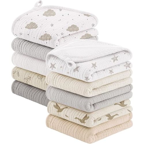 Bearmoss 10 Pack Muslin Burp Cloths, Soft Absorbent Baby Burping Cloths for Unisex Boys and Girls, Newborn Essentials Large Extra Washcloths, 20x10 inches