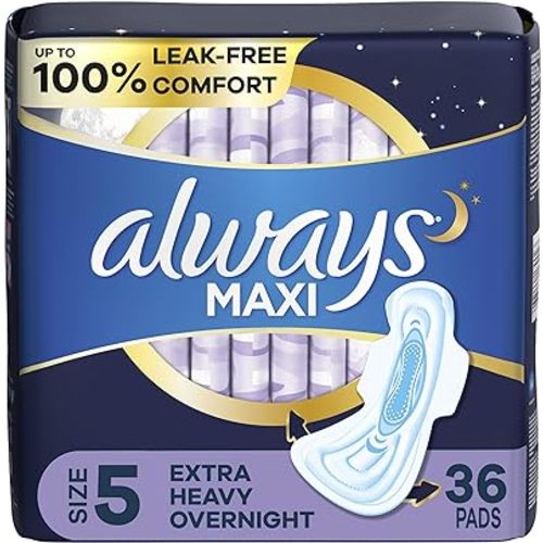 Always Maxi Overnight Pads with Wings, Size 5, Extra Heavy Overnight, Unscented, 36 Count