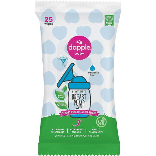Breast Pump Wipes by Dapple Baby, 25 Count, Fragrance Free, Plant Based & Hypoallergenic Breast Pump Wipes - Removes Milk Residue, Leaves No Taste - Convenient Wipes Pouch
