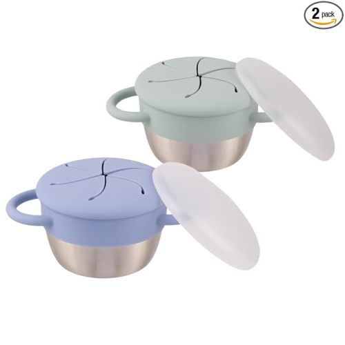 Elk and Friends Stainless Steel Snack Cups | Removable Silicone Food Catcher and Travel Lid | Spill-Proof Snack Containers for Baby, Toddler, Kids | Dishwasher Safe | 2 Pack