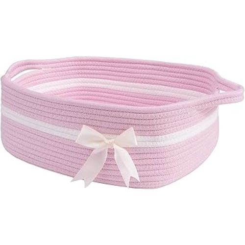 CHICVITA Pink Baby Girl Gift Basket, Small Woven Rope Basket, Rectangle Shelf Baskets for Bathroom, Cute Nursery Storage Baskets for Toys, Diapers, Towels, Snacks, 13 x 9.8 x 5 inches