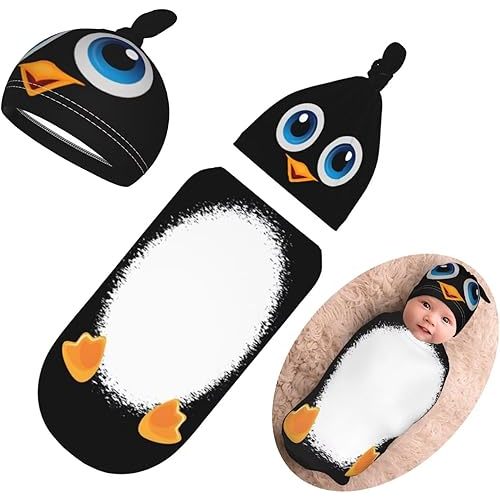 Personality Cartoon PenguinNewborn Swaddling Blanket Beanie Hat Funny Blanket Sleeping Bag New Born Sleep Sacks for Boys Girls