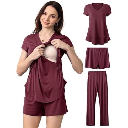 SUNNYBUY 3 PCS Maternity Breastfeeding Pajamas Set, Hidden Nursing Tops, Adjustable Pregnancy Shorts & Pants Postpartum PJS