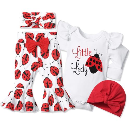 Baby Girl Clothes,4pcs Infant Newborn Girl Outfits Ruffle Romper Baby Bell Bottoms Headband Bandana Clothes Sets Gifts