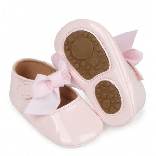 Size 2 Pair Infant Girls' Mary Jane Shoes With Bowknot & Hook And Loop Design, Flat Simple Versatile Christening Shoes For Infants 0-1 Year Old, Anti-Slip Breathable Toddler Walking Shoes For Spring/Autumn