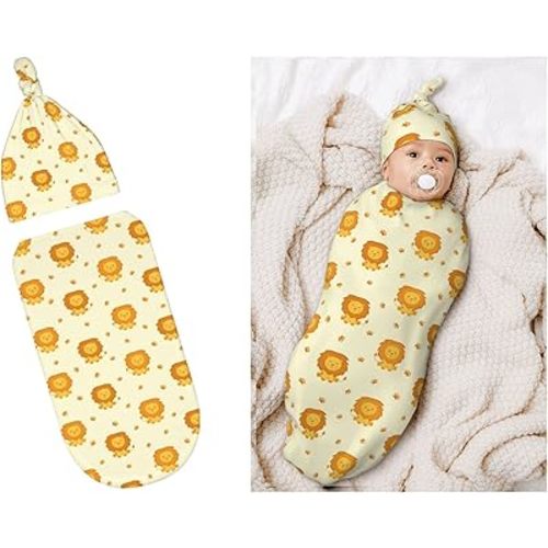 Cute Cartoon Lions Baby Stuff Newborn Swaddle and Hat Set Stretchy Soft Kings Baby Receiving Blanket Gifts for Infant Baby Boy Girl