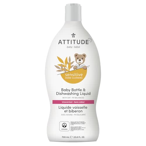 ATTITUDE Baby Dish Soap for Sensitive Skin with Oatmeal, Plant and Mineral-Based Ingredients, Vegan Household Products, Unscented, 23.6 Fl Oz