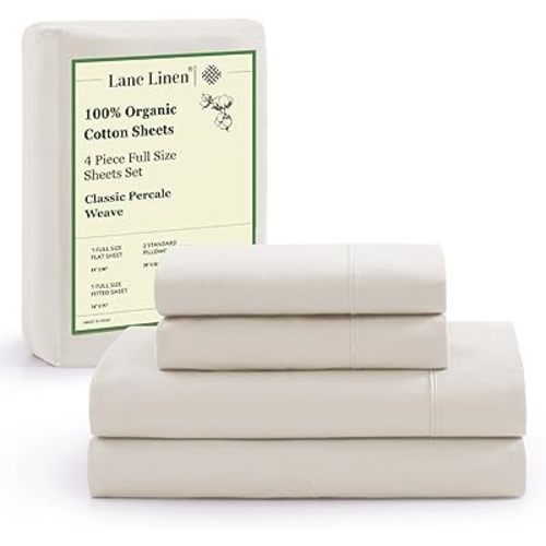 LANE LINEN 100% Organic Cotton Full Sheets Set 4-Piece Pure Percale Long Staple Soft Bedding Breathable Fits Mattress Upto 15" Deep - Glacier Grey