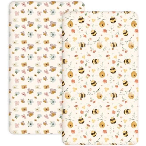 Crib Sheets for Boys Girls, 2 Pack Jersey Knit Fitted Crib Sheets for Standard Toddler Mattress 28"x 52", Soft and Breathable Baby Bedding (Crib Sheet, Bee Happy)