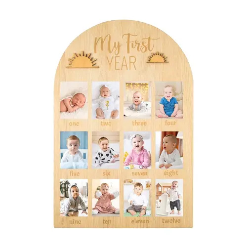 R HORSE My First Year Photo Display Wood Board, 3D Boho Sun Baby's First Year Picture Frame 12 Months Milestone Board Neutral Baby Keepsake Birthday Nursery Decor Gift for Boy Girl