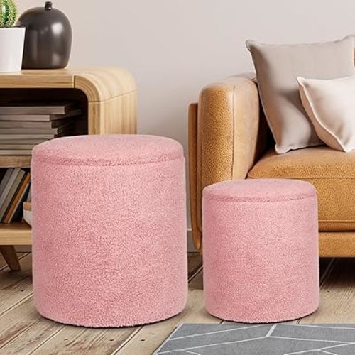 Ottoman with Storage, 2 Set Round Velvet Vanity Stool, Storage Ottoman for Bedroom Living Room, Modern Multifunctional Coffee Table Foot Stool for Dorm (Boucle-Bright Rose)