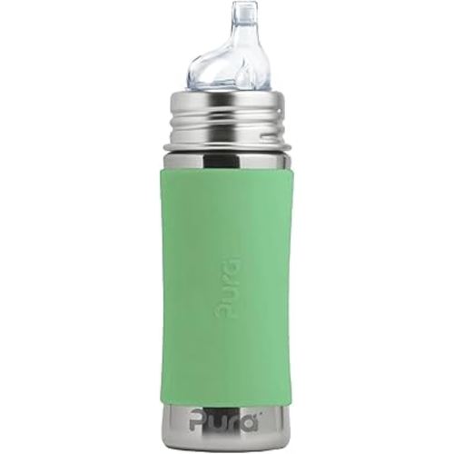 Pura Kiki 11oz/325ml Stainless Steel Sippy Cup Bottle w/Sleeve, Plastic-Free, MadeSafe Certified, Medical-Grade XL Silicone Sipper Spout Fast Flow for Kids, Toddlers, Babies & Infant - Moss
