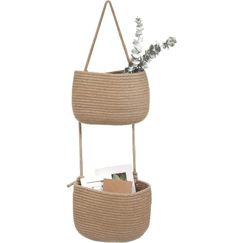 Over The Door Hanging Basket, 2 Tier Cotton Rope Woven Wall Basket, Magazine Racks Hanging Organizer, Decorative Hanging Storage Baskets for Organizing Living Room, Bathroom and Bedroom (Jute)