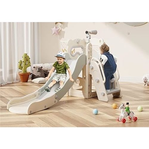 Babytronic Toddler Slide, 6 in 1 Kids Indoor Slide for Toddlers 1-3, Baby Slide for Indoor Outdoor with Basketball Hoop and Telescope, L Shaped Slide for Kids Toddler Slide Playset (White&Gray)