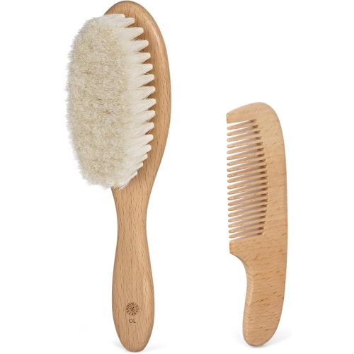 Newborn Baby Hair Brush & Comb Set - Wooden Brush with Soft Goat Bristles, Cradle Cap Brush for Boys, Girls & Toddlers, Sandwood
