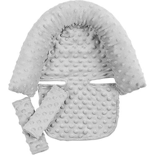 Soft Minky Baby Carseat Head Neck Body Support Pillow and Strap Cover Set Toddlers Car Seat Insert Headrest Cushion for Stroller Buggy Bassinet Swing Bouncers Pushchair Newborn Infants Carriers