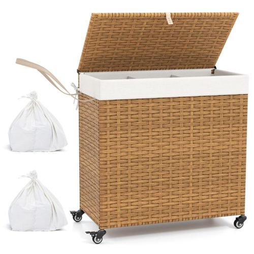 Costway Laundry Hamper w/Wheels & Lid, 125L 3-Section Clothes Hamper w/2 Liner Bags Natural