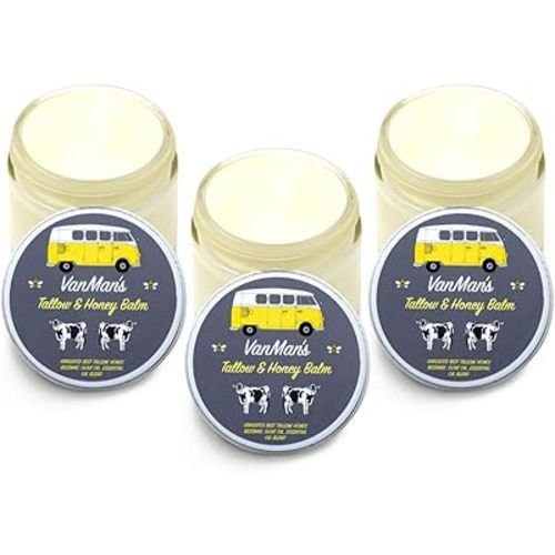Vanman's Tallow and Honey Balm With No Added Scent (3 Pack) - Beef Tallow Face Moisturizer with Grass-Fed/Finished Beef Tallow for Skin, Organic Raw Honey and Beeswax, Cold Pressed Olive Oil - 2 oz