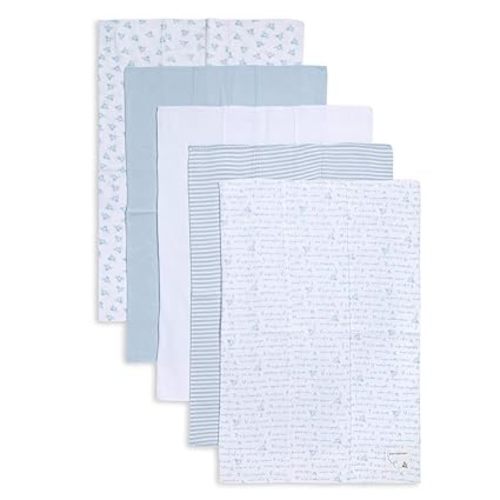 Burt's Bees Baby - 5 Pack of Burp Cloths, 100% Organic Cotton - Sky Blue Prints